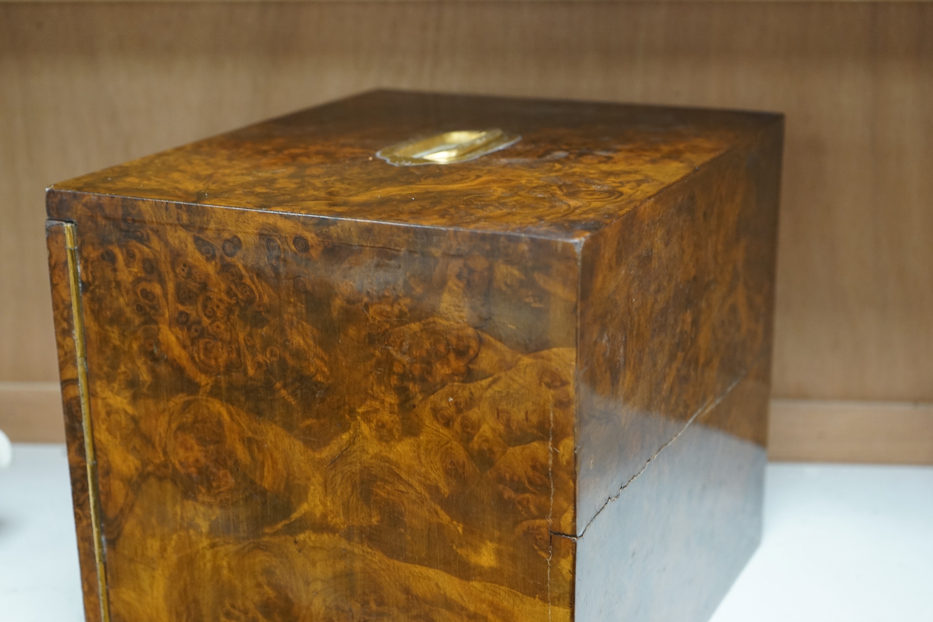 A Victorian burr walnut stationery cabinet, with ivory labels, 25cm high x 30cm wide. CITES Submission reference 1WX6H7C8. Condition - fair to good